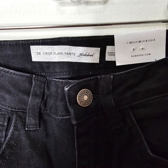 NWT Subdued Black Crop Flare Button Fly Raw Hem Front and Pocket White Flames 26 - Picture 5 of 12